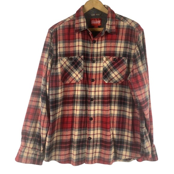 Coleman Flannel Shirt Large Mens Soft Red Tan Black Plaid Check Button Down - Picture 1 of 7